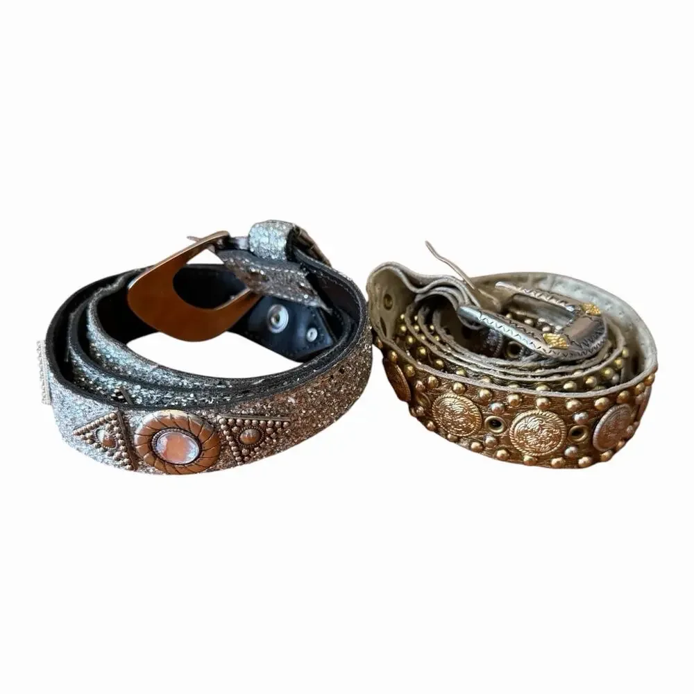 Western Boho Belt Bundle Leatherock Silver Glitter & Studded Concho Leather Belt